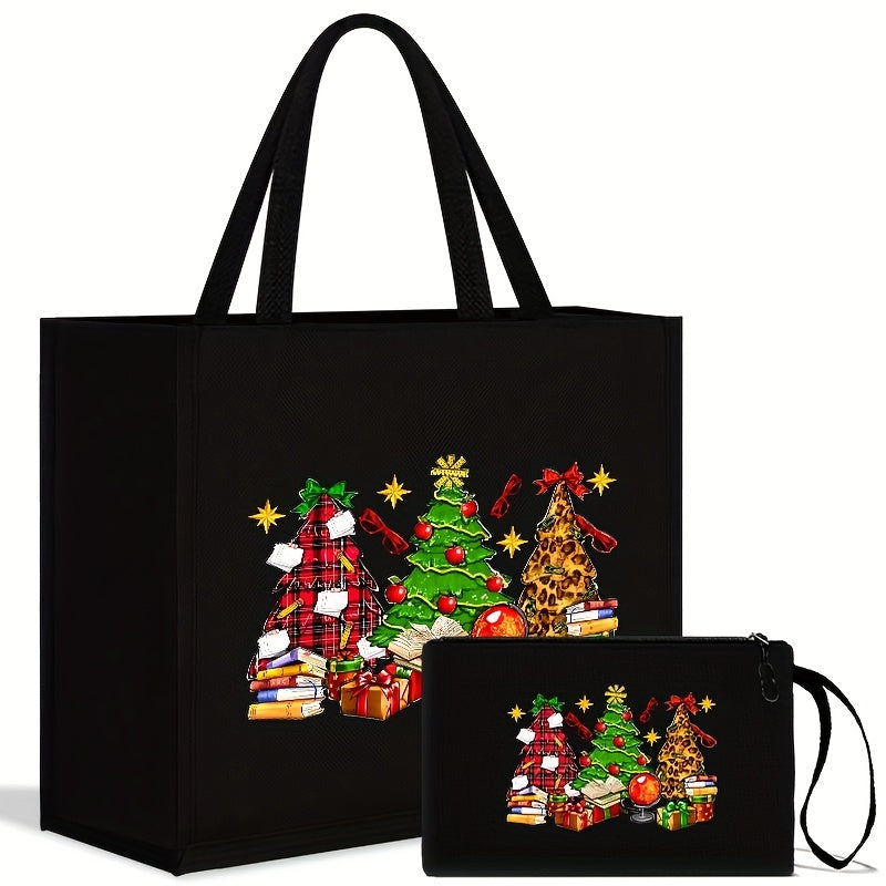 2PCS Light Linen Christmas Special Model No. 887 Printing Handbag Suit: Portable Travel Beach Bag with Cosmetic Bag