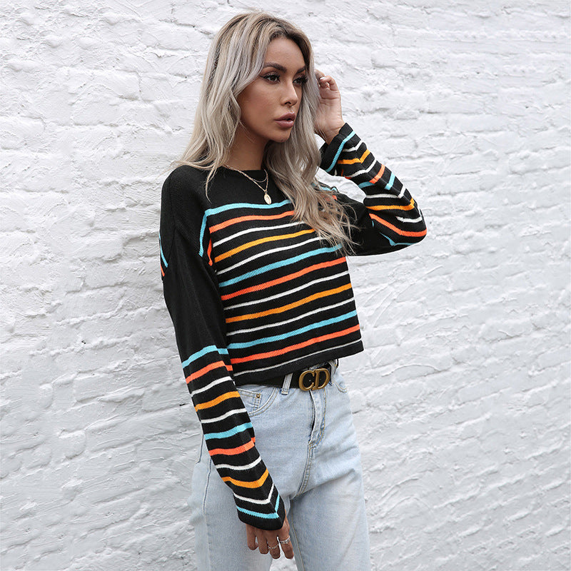 LOVECCR popular New Autumn Crew Neck Pullover Long Sleeve Fashion Temperament Color Striped Top Women's Hot Trade Knitted Sweater Women's