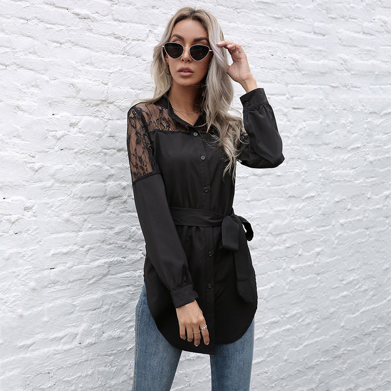 LOVECCR Cross-border Popular, 2025,  popular Spring and Autumn Temperament Sexy Lace Splicing Cardigan Waist Lace Medium and Long Shirt Women