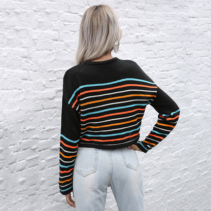 LOVECCR popular New Autumn Crew Neck Pullover Long Sleeve Fashion Temperament Color Striped Top Women's Hot Trade Knitted Sweater Women's