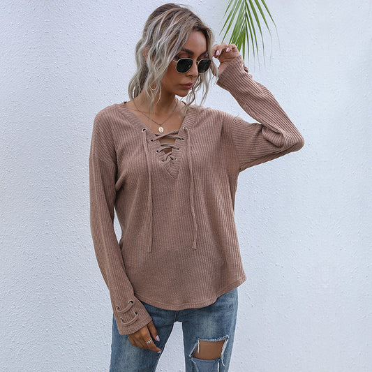 LOVECCR  New Autumn and Winter New Solid Color Pullover Knitted Sweater Long Sleeve V-Neck Lace-Up Casual Women's Clothing