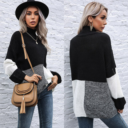 LOVECCR popular new autumn and winter New splicing turtleneck pullover knitted sweater women's 2025 loose semi-turtleneck sweater