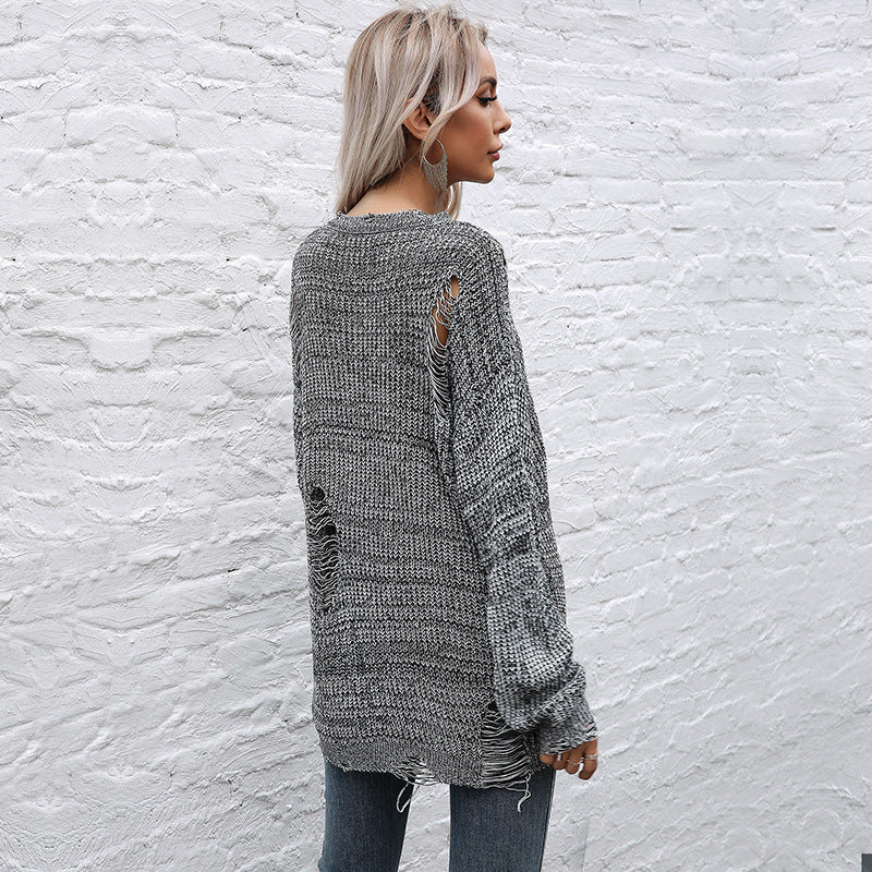 LOVECCR  autumn and winter 2025 crew neck loose knitting  popular new medium and long ripped sweater Guangzhou Popular trade