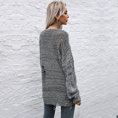 LOVECCR  autumn and winter 2025 crew neck loose knitting  popular new medium and long ripped sweater Guangzhou Popular trade