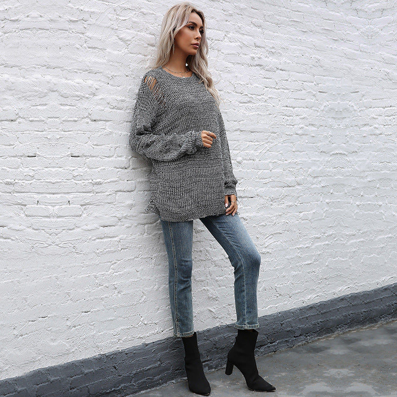 LOVECCR  autumn and winter 2025 crew neck loose knitting  popular new medium and long ripped sweater Guangzhou Popular trade