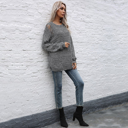 LOVECCR  autumn and winter 2025 crew neck loose knitting  popular new medium and long ripped sweater Guangzhou Popular trade