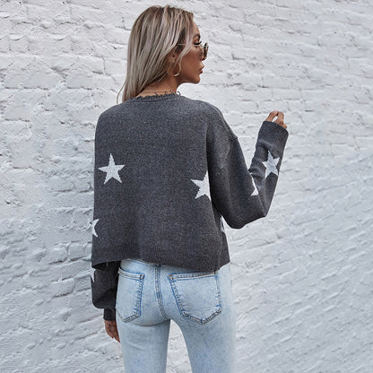 LOVECCR 2025 women's clothing Hot autumn and winter cardigan long-sleeved five-pointed star jacquard knitted short sweater jacket