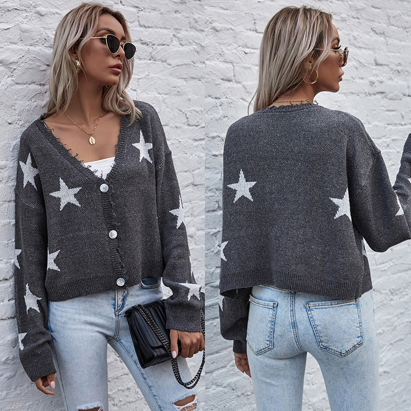 LOVECCR 2025 women's clothing Hot autumn and winter cardigan long-sleeved five-pointed star jacquard knitted short sweater jacket