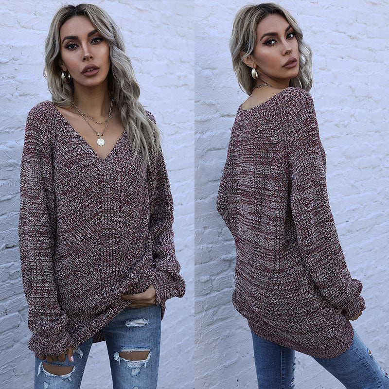 LOVECCR popular autumn new V-neck pullover long-sleeved loose and versatile casual lazy wind knitted sweater New explosion