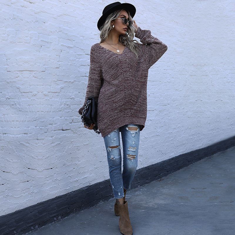 LOVECCR popular autumn new V-neck pullover long-sleeved loose and versatile casual lazy wind knitted sweater New explosion