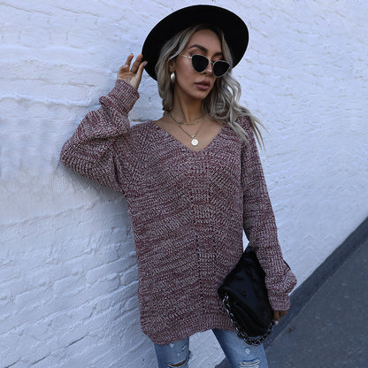 LOVECCR popular autumn new V-neck pullover long-sleeved loose and versatile casual lazy wind knitted sweater New explosion