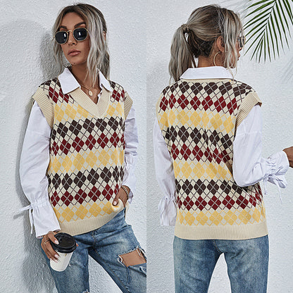 LOVECCR New  Hot Trade Women's Clothing 2023 Autumn 2025 Retro V-Neck Rhombus Contrasting Sweater Vest