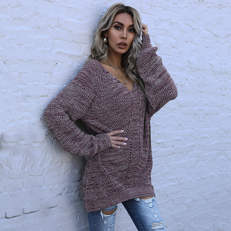 LOVECCR popular autumn new V-neck pullover long-sleeved loose and versatile casual lazy wind knitted sweater New explosion