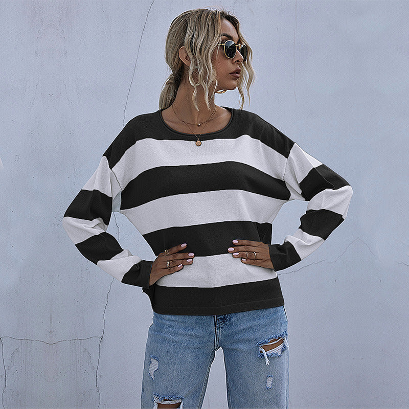 LOVECCR popular autumn  independent station New 2025 fashion women's clothing crew neck Korean long-sleeved striped knitted sweater