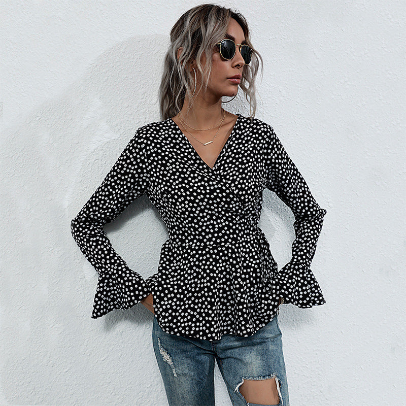 LOVECCR New autumn new V-neck pullover polka dot horn long sleeve lace-up slim temperament 2025 shirt women