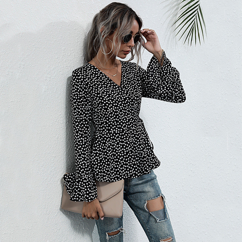 LOVECCR New autumn new V-neck pullover polka dot horn long sleeve lace-up slim temperament 2025 shirt women