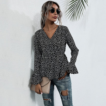 LOVECCR New autumn new V-neck pullover polka dot horn long sleeve lace-up slim temperament 2025 shirt women