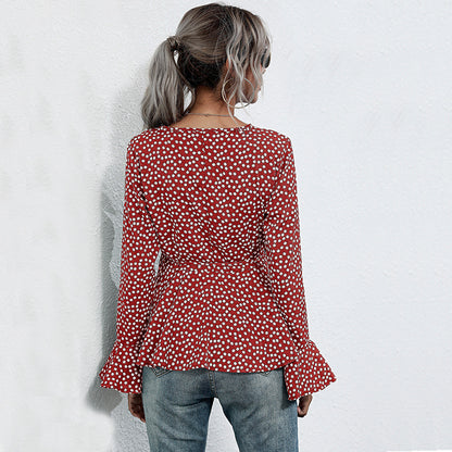 LOVECCR New autumn new V-neck pullover polka dot horn long sleeve lace-up slim temperament 2025 shirt women