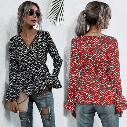 LOVECCR New autumn new V-neck pullover polka dot horn long sleeve lace-up slim temperament 2025 shirt women