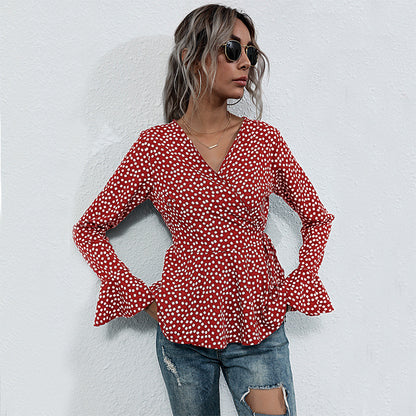 LOVECCR New autumn new V-neck pullover polka dot horn long sleeve lace-up slim temperament 2025 shirt women