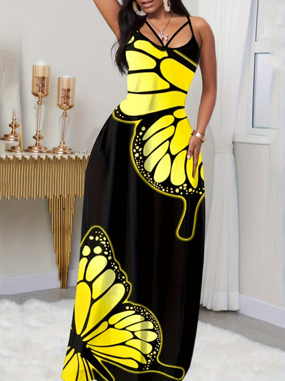Fluttering Butterfly Print Backless Maxi Dress - Effortlessly Chic Spaghetti Strap Sleeveless Design - Womens Summer Clothing Must-Have