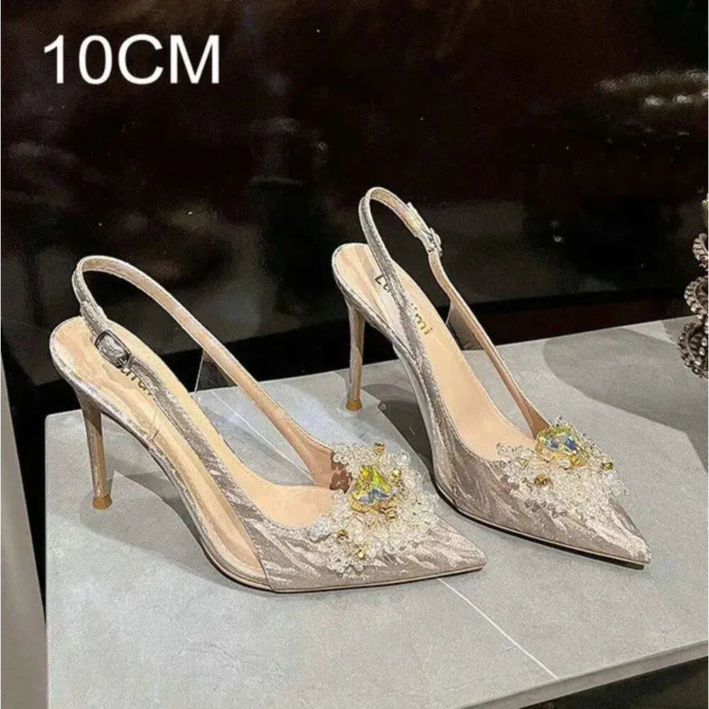 New Fine Heel Pointy Diamond Pumps Pearl Wedding Shoes Sparkles Baotou Glass Glue High-Heeled Sandals