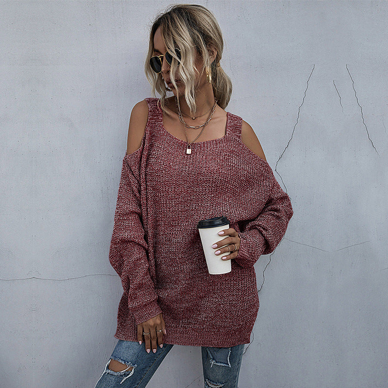 LOVECCR popular early autumn 2025 New popular women's clothing bat sleeves loose off-the-shoulder square neck knitted sweater medium and long pullover sweater