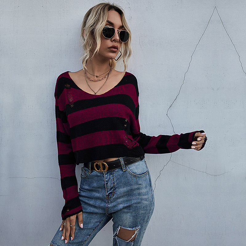 LOVECCR Strictly selected early autumn  New fashion women's clothing striped v-neck loose short ripped sweater open navel knitted sweater