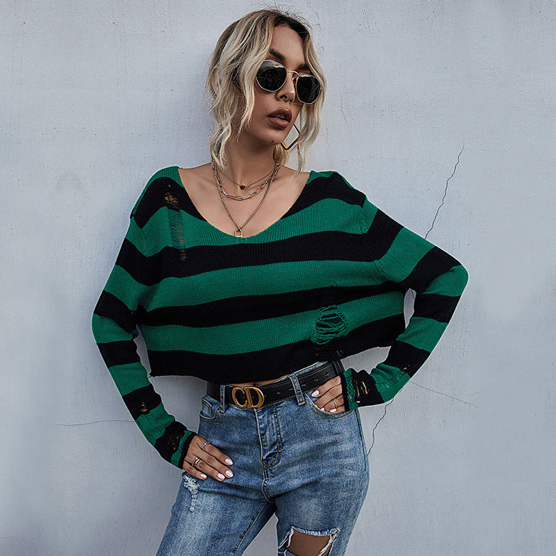 LOVECCR Strictly selected early autumn  New fashion women's clothing striped v-neck loose short ripped sweater open navel knitted sweater