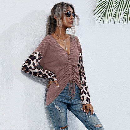 LOVECCR popular New Autumn V-Neck Pullover Leopard Print Splicing Bottom Long Sleeve T-Shirt Women's  Hot Trade Pleated Top