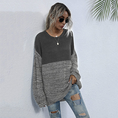 LOVECCR  Popular, 2025 and popular new autumn and winter medium and long sweaters loose round neck pullover lazy wind contrasting color knitted sweater women