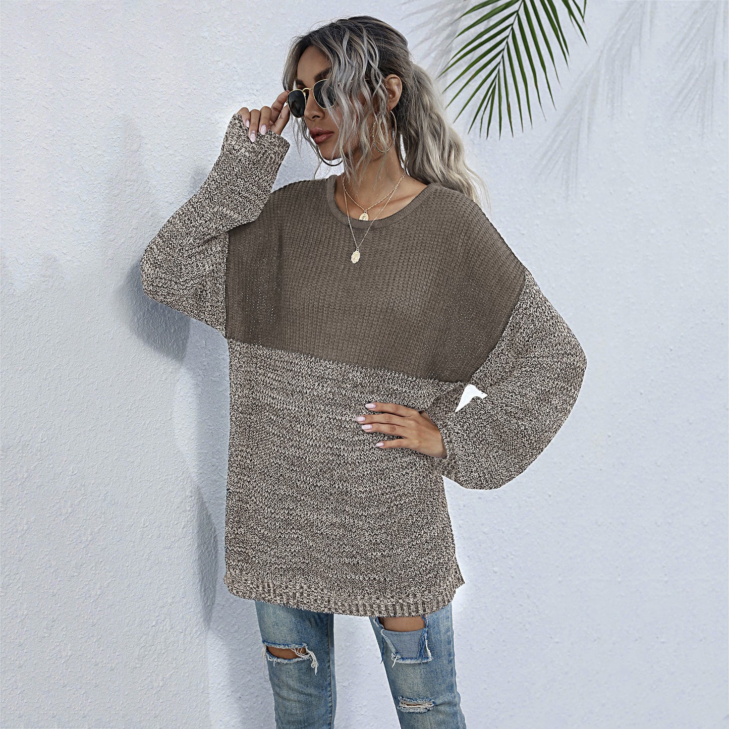 LOVECCR  Popular, 2025 and popular new autumn and winter medium and long sweaters loose round neck pullover lazy wind contrasting color knitted sweater women