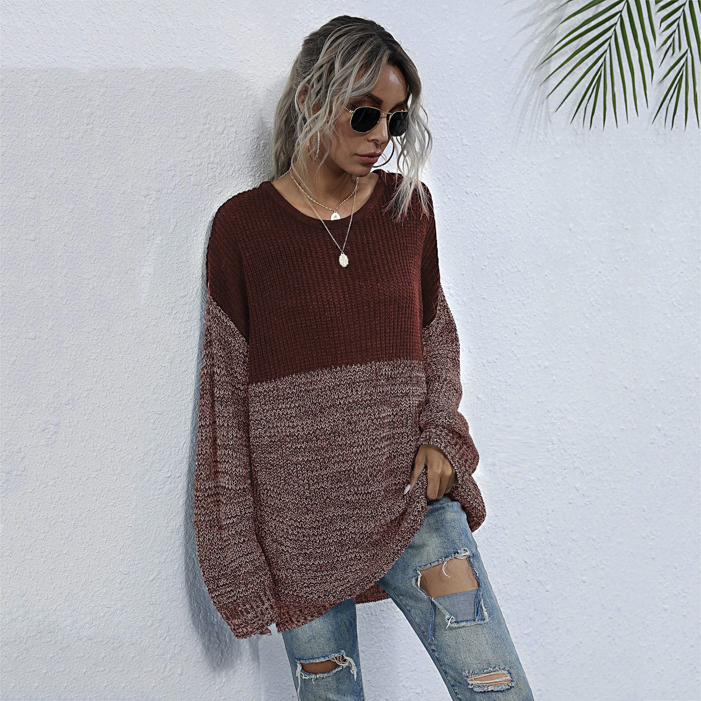 LOVECCR  Popular, 2025 and popular new autumn and winter medium and long sweaters loose round neck pullover lazy wind contrasting color knitted sweater women