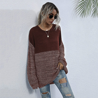 LOVECCR  Popular, 2025 and popular new autumn and winter medium and long sweaters loose round neck pullover lazy wind contrasting color knitted sweater women