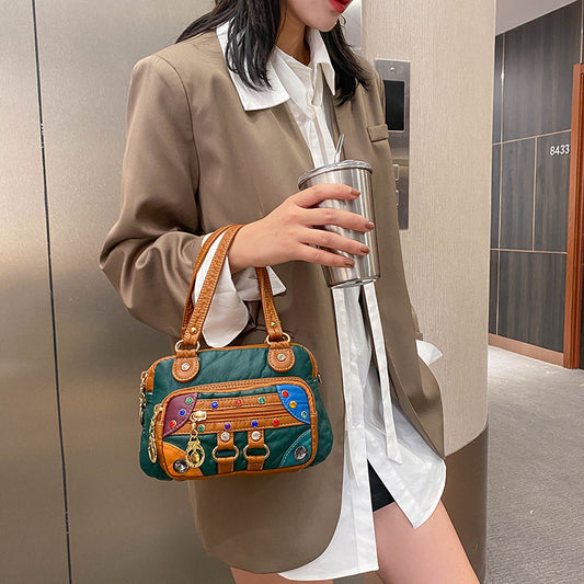 loveccr Women's Foreign Trade Bags Handbag Small Bag European and American Fashion Cross-Border New Arrival Soft Washed Leather Color Matching Shoulder Messenger Bag