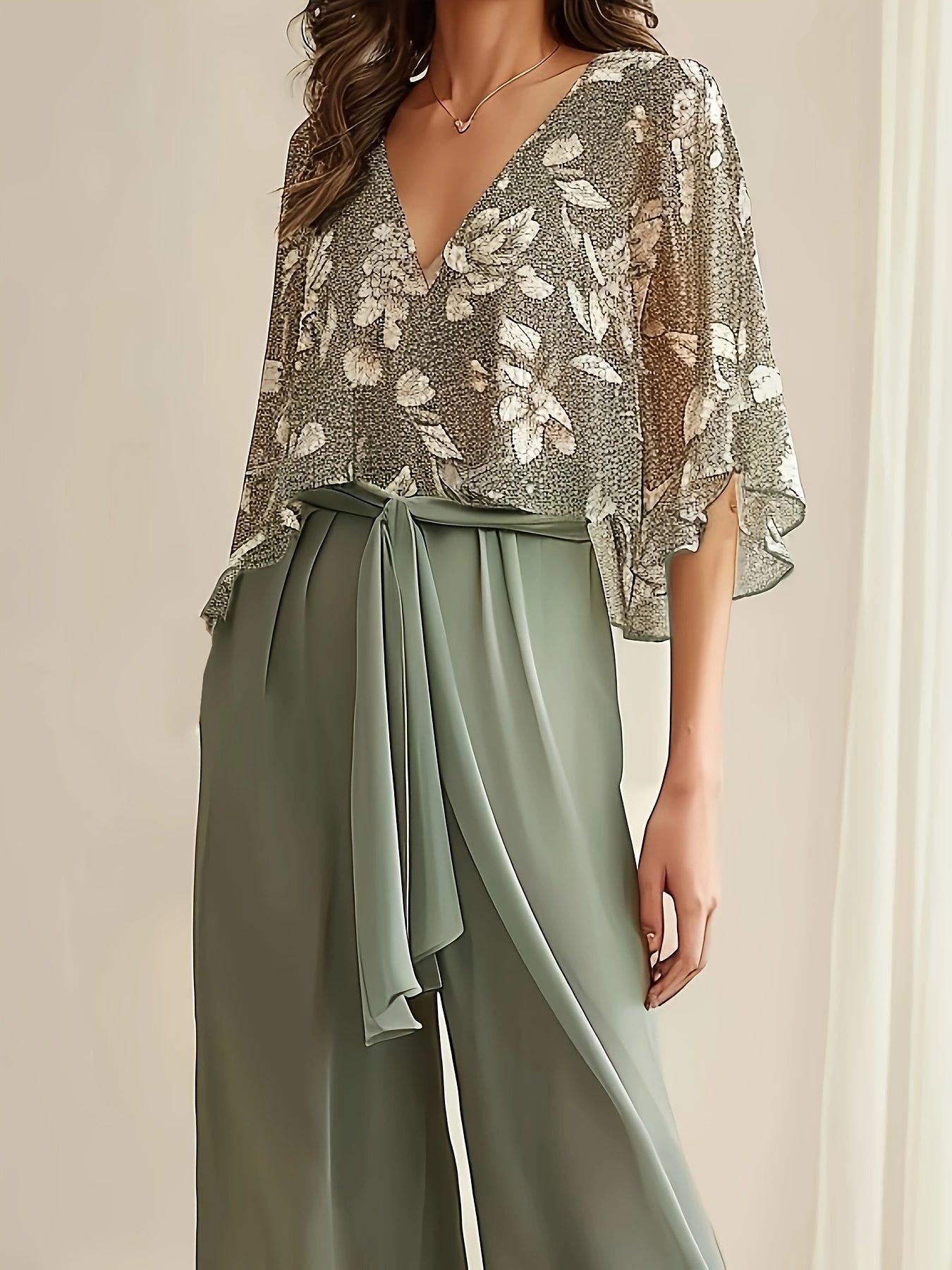 Stylish Plant Print Pantsuit Outfit - Deep V Neck, Three-Quarter Sleeve Blouse, Solid Tie Waist Pants, Comfortable, Relaxed Fit, Women's Casual Clothing for Daily Wear