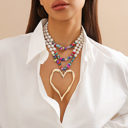 1pc Multilayer Exaggerated Holiday Style Imitation Pearl Peach Heart Charm Necklace Colorful Pine Stone CCB Necklace Charm Multilayer Necklace Gift