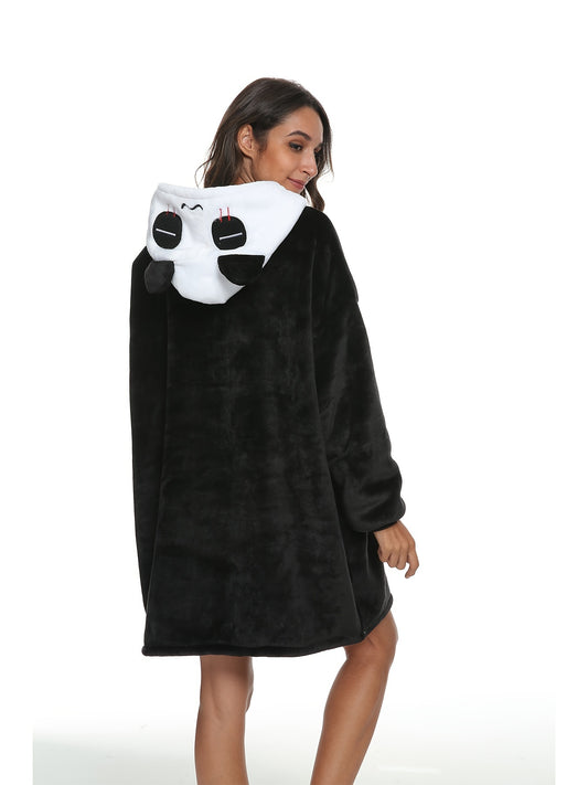 Cute Panda Hooded Nightdress, Fleece Thickened Long Sleeve Sleep Dress With Pockets, Women's Sleepwear & Dresses