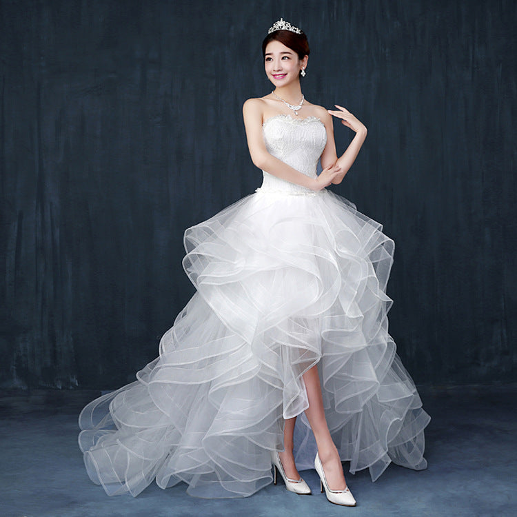 LOVECCR  Short Front and Long Back Wedding Dress Bride Toasting Dress Long Trailing Double Shoulder Lace Korean Trailing Wedding Dress Wholesale