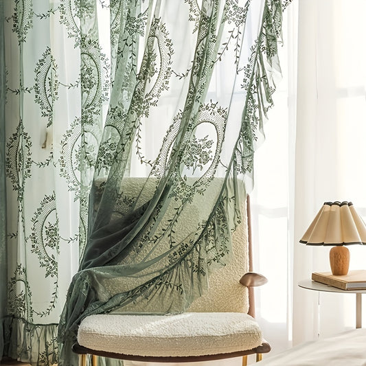 1pc Romantic Vintage Green Floral Embroidery Lace Voile Sheer Curtain - Ruffled Short Window Drapery for Bedroom Office Kitchen Living Room Study - Elegant Home Decor with Soft Filtered Light and Privacy