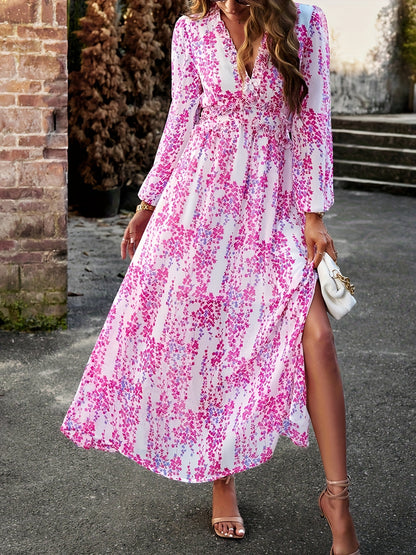 Spring-Fall Floral Midi Dress - Elegant Lantern Sleeves & Feminine Surplice Neckline - Versatile Casual Women’s Wear