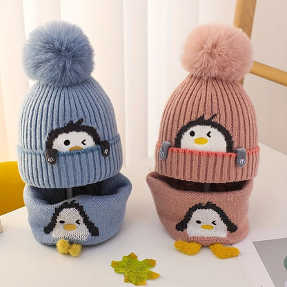 Penguin-Themed Hat & Scarf Combo For Young Ones - Thick, Warm Winter Gear, Ideal For Christmas And Halloween, Suitable For 3 To 14 Years