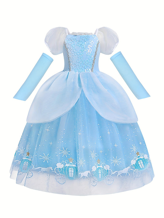 Glittering Girls Princess Dress - Sparkling Sequins, Fluffy Tulle Skirt, Romantic Puff Sleeves - Perfect for Dreamy Halloween Party Dress Up