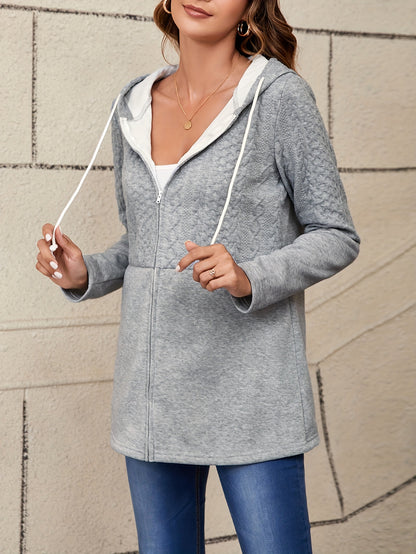 Stylish Textured Drawstring Hooded Jacket - Soft, Casual, Long Sleeve, Solid Color, Zipper Closure, Perfect for Spring & Fall - Women's Comfortable Everyday Wear