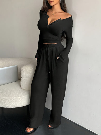 TWO-PIECE SET - Chic Long Sleeve Top with Button Front & Drawstring Waist Wide Leg Pants - Comfortable, Versatile, and Flattering Outfit for Women's Everyday Wear