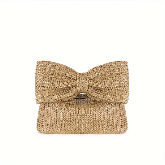 Vintage Style Woven Mini Clutch Bag, With Bowknot Decor, Bohemian Vacation Clutch Satchel Bag