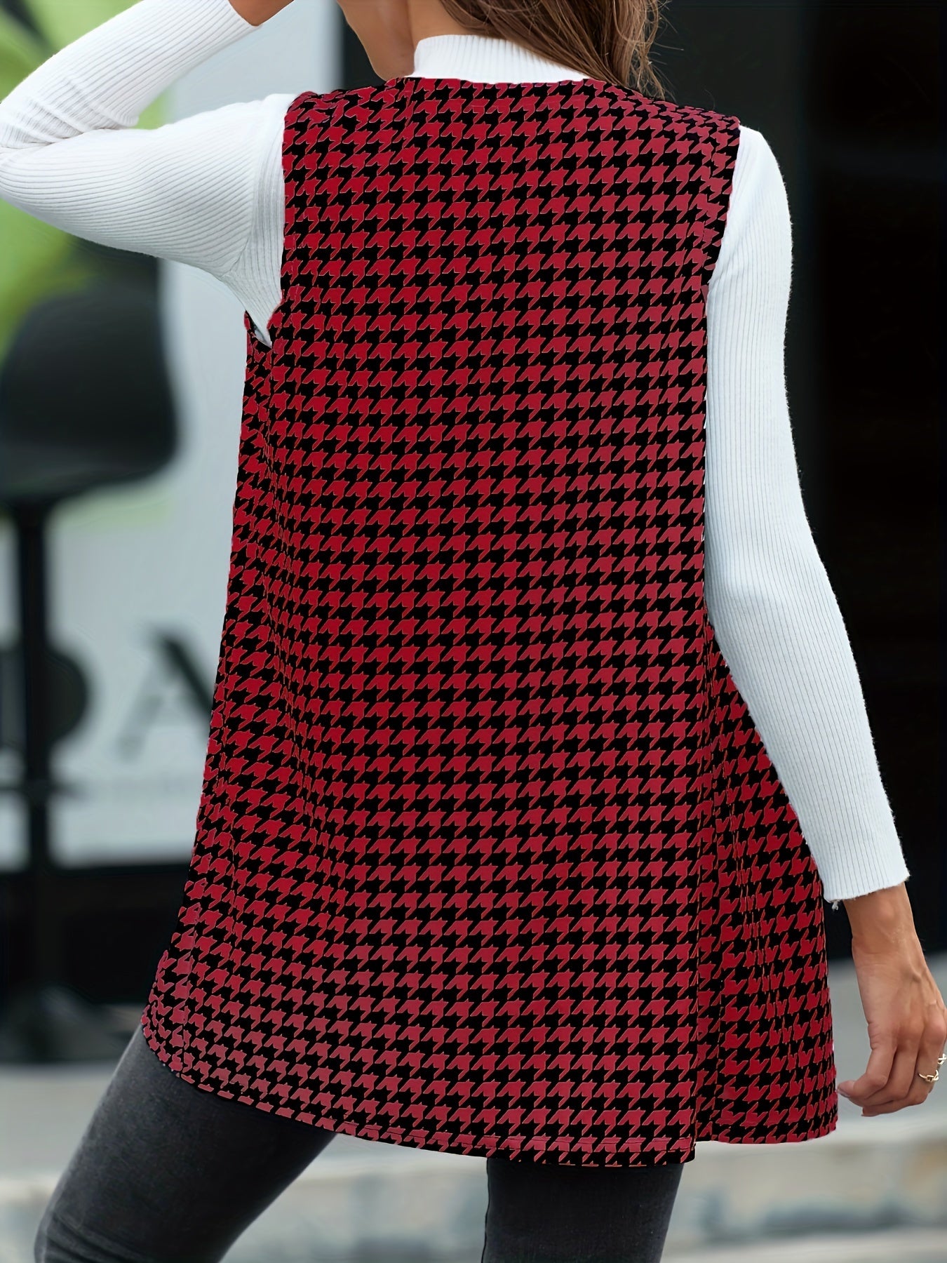 Elegant Houndstooth Print Vest - Sleeveless, Open Front, Chic Spring and Fall Essential for Women's Clothing