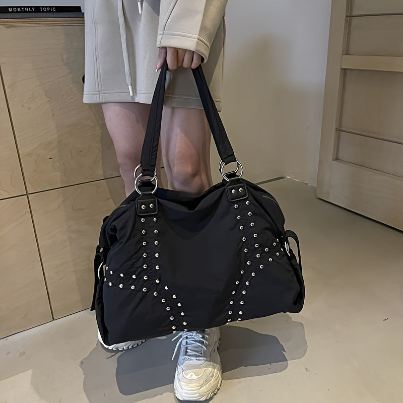 Nylon Tote Bag with Studded Detailing, Casual Large Capacity Shoulder Bag for Work and Everyday Use, Zippered Closure with Fixed Shoulder Straps, Polyester Lined - Baigou, Available in White, Black, Green, Coffee