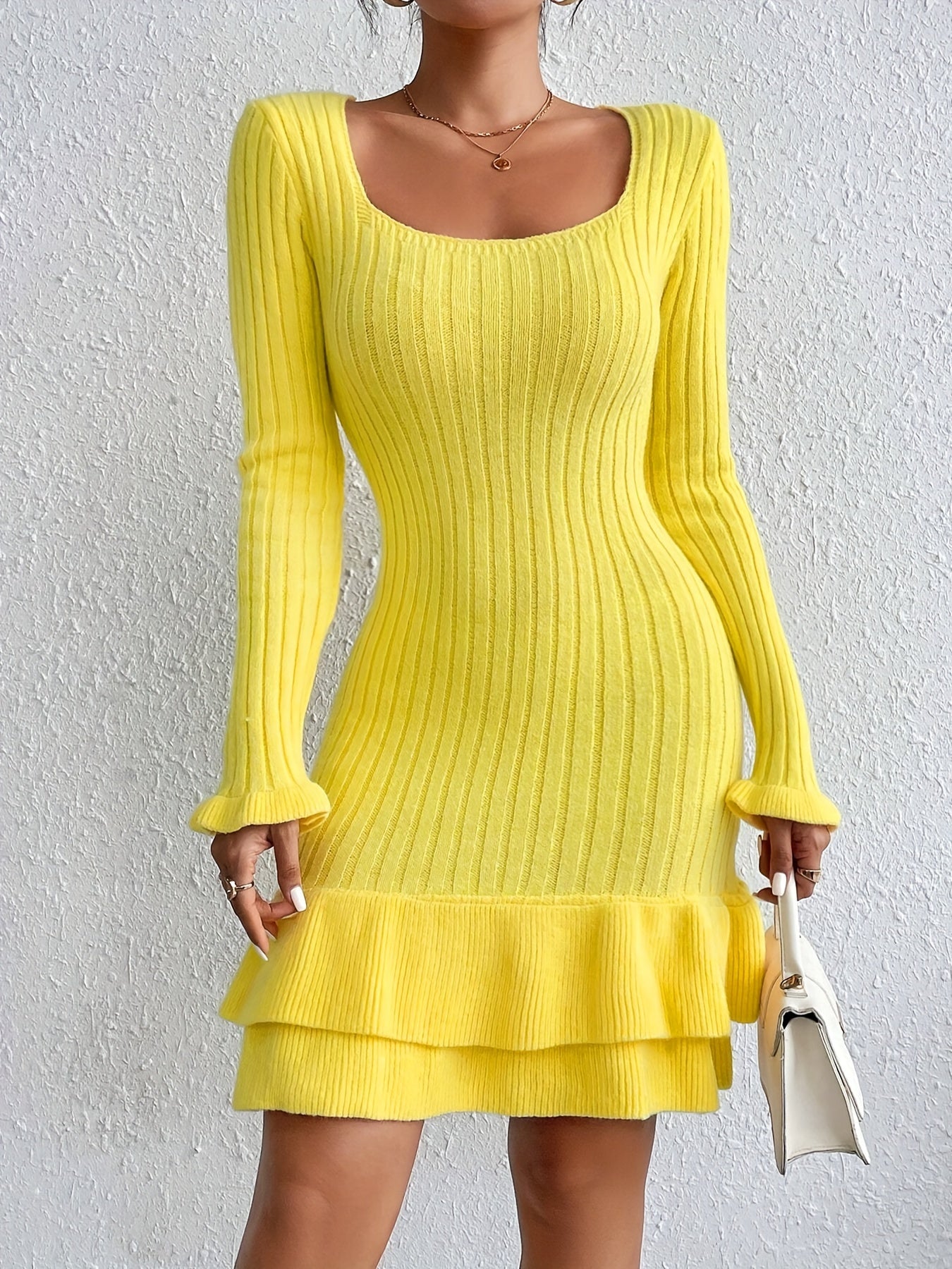 Stylish Ribbed Knit Bodycon Sweater Dress - Elegant Long Sleeve Square Neck, Ruffle Hem, Soft and Cozy, Women's Clothing for Winter, Autumn, and Casual Occasions