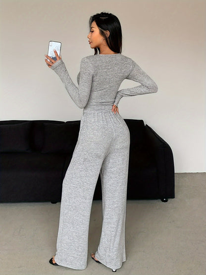 TWO-PIECE SET - Chic Long Sleeve Top with Button Front & Drawstring Waist Wide Leg Pants - Comfortable, Versatile, and Flattering Outfit for Women's Everyday Wear